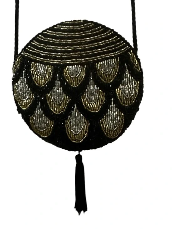 Vintage 90s Black Gold Silver Beaded Tassel Round Mini Purse w/ Rope strap - Picture 2 of 9